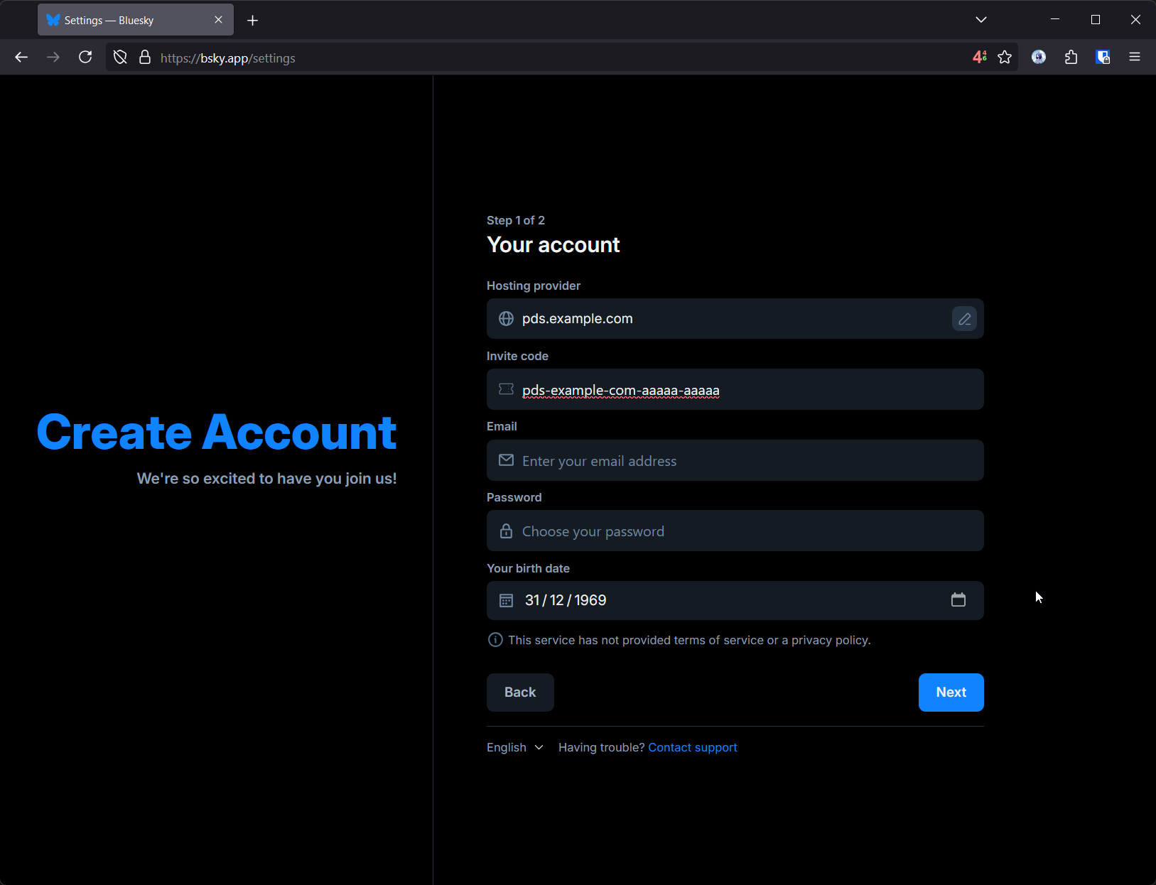 firefox screenshot: creating an account via bsky.app