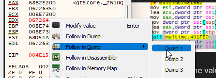 The right-click context menu in the register view with Follow to dump -> Dump 1 highlighted