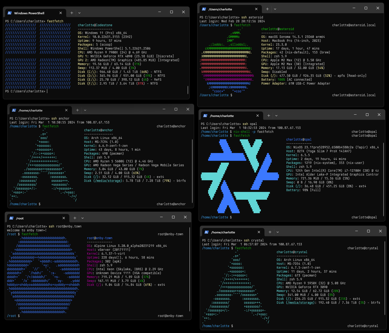 A collection of fastfetch invocations being run over SSH